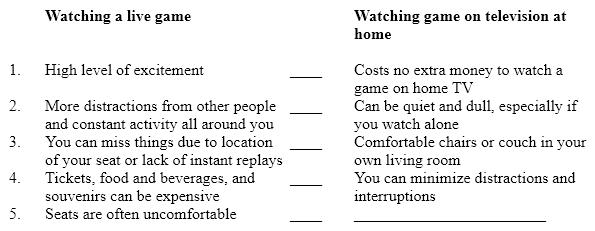 Instructions: Below is a plan for a contrast paragraph. The points of contrast in the second column do not follow the same order as the points in the first column. In addition, one detail is missing. Watching sports live and on television   The missing detail in the plan above is A)  a power outage can disrupt your viewing. B)  TV cameras provide a good view of the action. C)  the food at home is healthier and more nutritious.