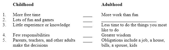 Instructions: Below is a plan for a contrast paragraph. The points of contrast in the second column do not follow the same order as the points in the first column. In addition, one detail is missing. Childhood and adulthood     Select the letter of the answer that correctly numbers the points in the second column to match those in the first. A)  1, 4, 3, 5, 2 B)  3, 2, 1, 4, 5 C)  2, 5, 1, 3, 4