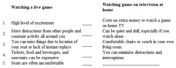 Below is a plan for a contrast paragraph. The points of contrast in the second column do not follow the same order as the points in the first column. In addition, one detail is missing.   The missing detail in the plan above is A)  a power outage can disrupt your viewing. B)  TV cameras provide a good view of the action. C)  the food at home is healthier and more nutritious.