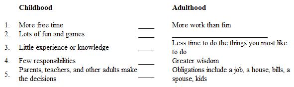 Below is a plan for a contrast paragraph. The points of contrast in the second column do not follow the same order as the points in the first column. In addition, one detail is missing.   Select the letter of the answer that correctly numbers the points in the second column to match those in the first. A)  1, 4, 3, 5, 2 B)  3, 2, 1, 4, 5 C)  2, 5, 1, 3, 4