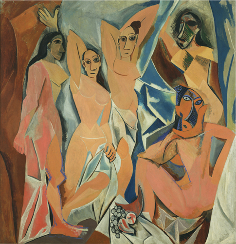   Which statement about Picasso's painting Les Demoiselles d'Avignon is correct? A) He initially planned to paint a painting of the famed Gardens of Luxembourg in this style. B) His work reflects the influence of Japanese woodblock prints in France at the time. C) He was influenced the ceremonial masks of the Kuba or Bushongo culture of Central Africa. D) This painting was important for inspiring the artistic movement known as Surrealism.