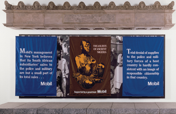 <strong>​   Which describes the subject of Hans Haacke's MetroMobiltan?</strong> A)The discrimination experienced throughout the Metro's service B)The need for mobilization of voter turnout C)The problematic connection between exhibition funding and controversial corporate policy D)The importance of supporting major art institutions, such as the Metropolitan Art Museum <div style=padding-top: 35px> 