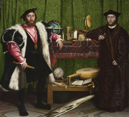 <strong>​   In The Ambassadors , how does Hans Holbein the Younger choose to portray Jean de Dinteville and Georges de Selve?</strong> A)As musicians B)As humanists C)As scientists D)As artists <div style=padding-top: 35px> 