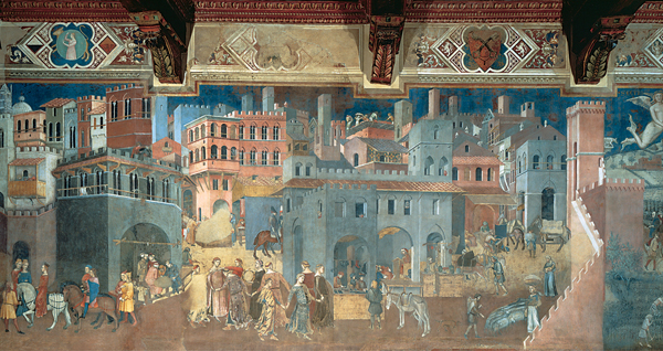 ​   What political statement is made in Ambrogio Lorenzetti's fresco Allegory of Good Government: The Effects of Good Government in the City and in the Country? A) The prosperity that comes from a stable government B) The increase in agricultural output with carefully regulated production C) The value of a strong central leader for regulating international trade D) The uptick in Siena's economy after joining the papal states