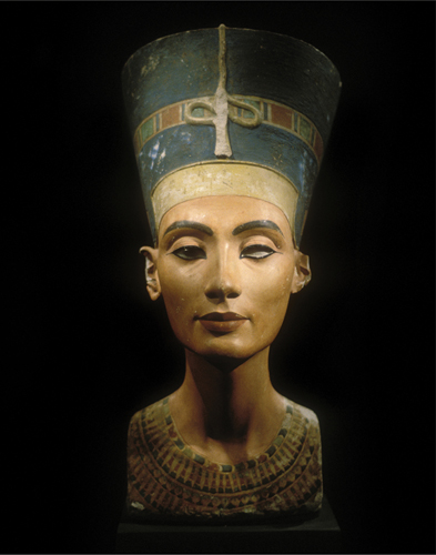 ​   Which statement is true of the Bust of Nefertiti ? A) Her portrait exemplifies the continuity of artistic style across periods in Ancient Egypt. B) Her image copies the iconography of the Palette of King Narmer . C) Her portrait seems to combine both idealized and individualistic elements. D) Nefertiti is rendered in the form of the Goddess Isis.
