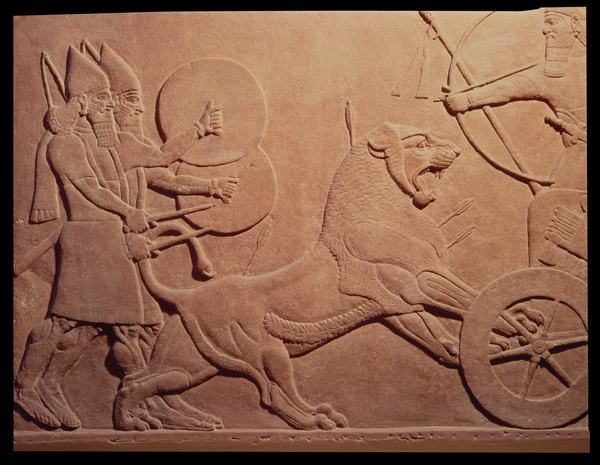 <strong> Which society produced the relief carving Ashurbanipal II Killing Lions ?</strong> A)Olmec B)Assyrian C)Mesoamerican D)Thai