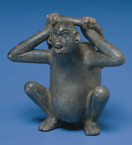 ​   Which statement is correct about Vessel in the Form of a Monkey ? A) It represents Hanuman, the monkey god. B) It was used ritually to signal the renewal of life every spring. C) It shows the importance of monkeys in Aztec culture. D) It comes from the tradition of animal-shaped vessels used throughout Central and South America.