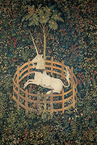 ​   What is a likely meaning of the tapestry The Unicorn in Captivity ? A) The unicorn represents the purity of Mary, the mother of Jesus. B) The unicorn, like the lover in chivalric tales, is enchained by his love. C) The unicorn represents the interest in exotic animals seen in menageries throughout medieval Europe. D) The unicorn has an important role is chivalric legends regarding the origin of the French people.