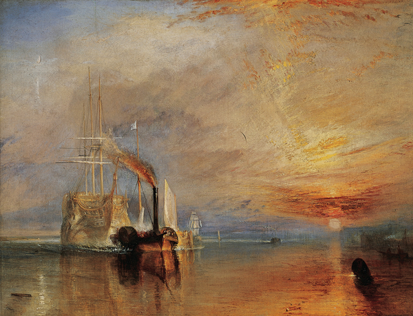 ​   What's the relationship between the two ships in Turner's The Fighting Temeraire Tugged to Her Last Berth to Be Broken Up ? A) The elegant older sailing vessel contrasts the newer, ungraceful tugboat. B) The power of the newer tugboat overshadows the defunct sailboat. C) Turner was famed as a colorist so the ships just serve as formal devices. D) The two ships are metaphors for England and France, perpetually at war.
