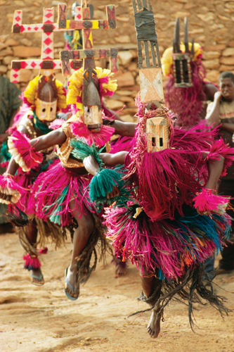 <strong> Which statement is true of the Kanaga Masked Dancers ?</strong> A)The dancers from Mali use the Kanaga masks to enhance their harvest. B)The masks represent animal spirits of the current chieftans. C)The Dogon dancers express ideas about death. D)This Dogon ritual is performed by a group of women who have given birth within the prior five years.