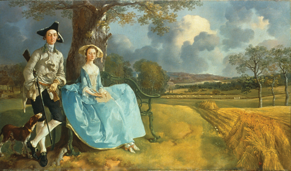 <strong> Which statement is true about Thomas Gainsborough's painting, Mr. and Mrs. Andrews ?</strong> A)Tactile textures convey the difference between the clothing and features in the landscape. B)The background is painted in intense, warm colors, contrasting the foreground. C)Mrs. Andrews's dress color is highly saturated, contrasting her husband's jacket, which was painted in low-saturation colors. D)It displays atmospheric perspective in the way that distant objects are given crisp, vivid details.
