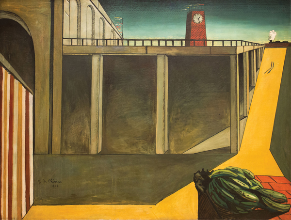 ​   Which statement is true of Giorgio di Chirico's Gare Montparnasse (The Melancholy of Departure) ? A) The use of radial balance in the trains and building convey a sense of order. B) Distorted perspective conveys the painting's evocation of a disturbing memory or a dream. C) The use of asymmetrical balance is seen in the figure on the yellow path. D) Hieratic scaling gives prominence to distant structures.