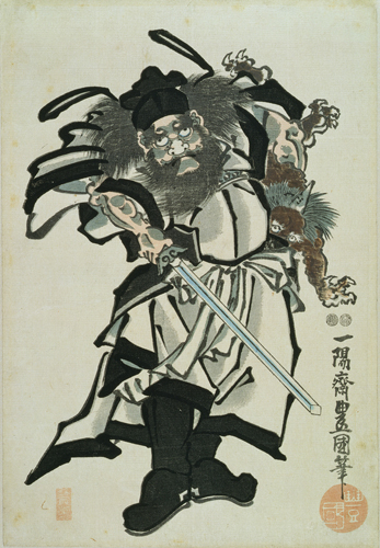 <strong> In Utagawa Kunisada's Shoki the Demon Queller , how could its formal elements be described?</strong> A)Horizontal forms convey stability. B)Vertical lines represent Shoki's aspirations. C)Implied lines suggest the actions about to occur. D)Strong diagonal lines impart a sense of movement.