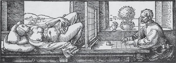 <strong> How did Albrecht Durer use line in the woodcut Artist Drawing a Model in Foreshortening through a Frame Using a Grid System ?</strong> A)Cross-contour lines convey the model's form. B)Thick cross-hatching appears as dark gray. C)Calligraphic lines show the artist as author. D)Gesture lines emphasize the artist's hand.