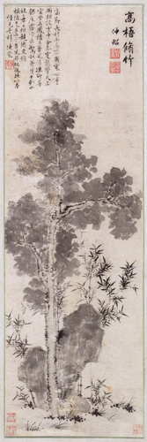 ​   Which statement about Mi Wanzhong's Tree, Bamboo and Rock is correct? A) It illustrates the clear distinction between drawing and monochromatic painting. B) Gesso is the underlying ground for the painting. C) It was created by both a pen and brush. D) It is a rare instance of ink being used in a wet medium artwork.