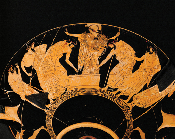 <strong>​   How was Douris's Red Figure Kylix made?</strong> A)The foundation for the background was a sand painting. B)Serigraphy was the main technique employed. C)The red figures were created through a combination of engraving and etching. D)A slip created the background for this very early example of painting. <div style=padding-top: 35px> 