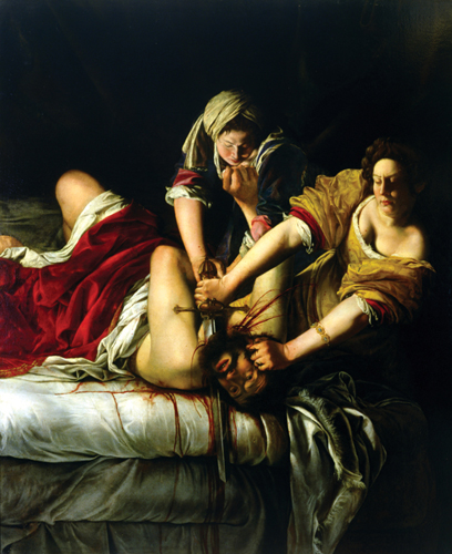   Which statement is a formal analysis of Artemisia Gentileschi's Judith and Holofernes ? A) Artemisia Gentileschi was rediscovered after centuries of oblivion by feminist art historians. B) Gentileschi's personal experience of trauma, through rape, shaped the way she depicted this scene. C) The dramatic use of diagonal lines and chiaroscuro highlights the gruesome decapitation. D) Artemisia Gentileschi's painting depicts a biblical event, seen in the close relationship to the textual source.