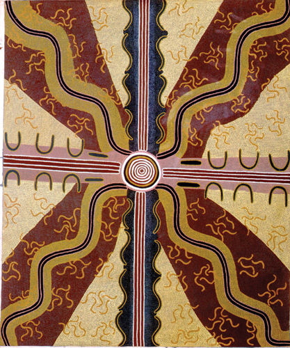 ​   Looking at the composition of Paddy Carroll Tjungurrayi's Witchetty Grub Dreaming , which feature suggests the balance of the cosmos and the ancestors, providing sustenance for humans? A) Texture B) Symmetry C) Rhythm D) Color