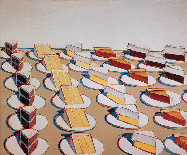   How is food depicted in this painting by Wayne Thiebaud, Pie Counter ? A) Health hazard B) Plentiful and nourishing C) Popular icon D) Beautiful and tempting