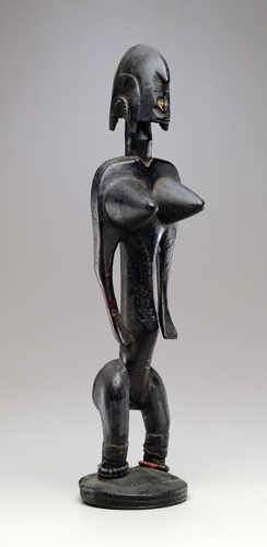 ​   Which formal element does the Bamana fertility figure from Mali emphasize? A) Strong diagonal lines B) Varied surface textures C) Crisply defined geometric forms D) A nuanced range of warm colors
