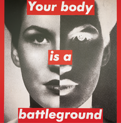 ​   Which statement is true of Barbara Krueger's work Untitled (Your body is a battleground) ? A) She makes a powerful antiwar statement. B) Although initially an abortion rights image, it's come to stand for other controversial issues. C) The split image refers to cross-dressing, questioning binary assumptions about gender. D) It's an example of abstracted sexual imagery.