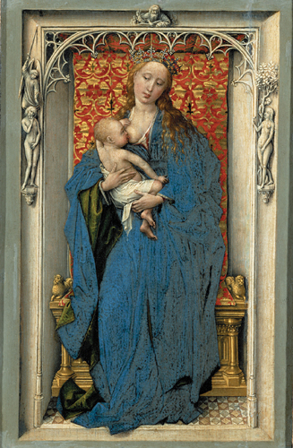 <strong>​   Virgin and Child in a Niche by Rogier van der Weyden has which subtext?</strong> A)Adam and Eve shown on the sides are her spiritual guides. B)Although the Virgin is shown as a loving mother, she is also appears to be quite serious in anticipation of her son's death. C)The Virgin's serious demeanor reflects the pain of childbirth. D)The Virgin's fertility is correlated with the fertility of the earth. <div style=padding-top: 35px> 