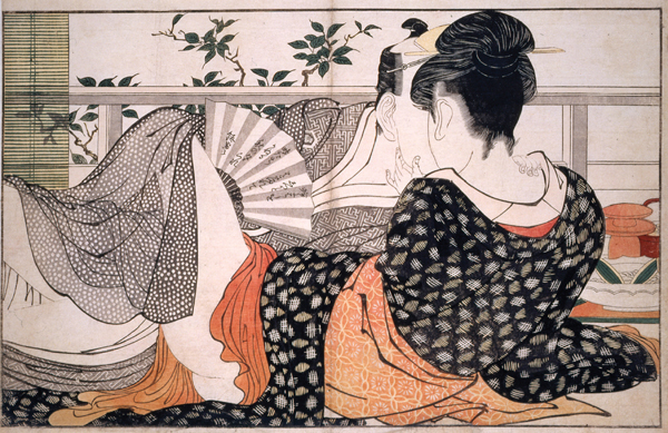 <strong>  How is Kitagawa Utamaro's A Pair of Lovers characteristic of ukiyo-e prints?</strong> A)The floating life is rendered through the nautical themes evident in the print. B)It mirrors the spiritual and physical union of deities such as Krishna and Radha. C)Taking its cue ultimately from the Buddhist notion of the transience of life, it celebrates a scene of lovemaking. D)It has been considered by critics to covertly render female genitalia in the elaborate background patterning. <div style=padding-top: 35px> 