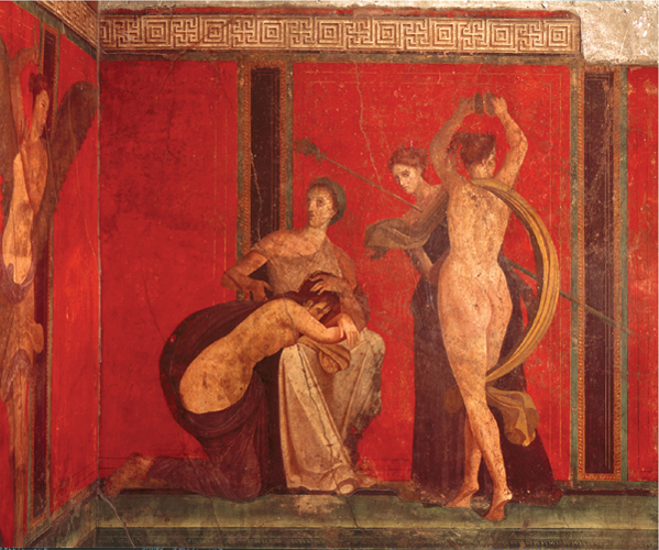   What was depicted in the murals at Pompeii's Villa of the Mysteries? A) A goddess's sacred childbirth B) The marriage of Dionysos and Ariadne C) A ritual welcoming a young woman into the cult of Dionysos D) The ancient Roman ritual celebrating a young woman's first menstrual period