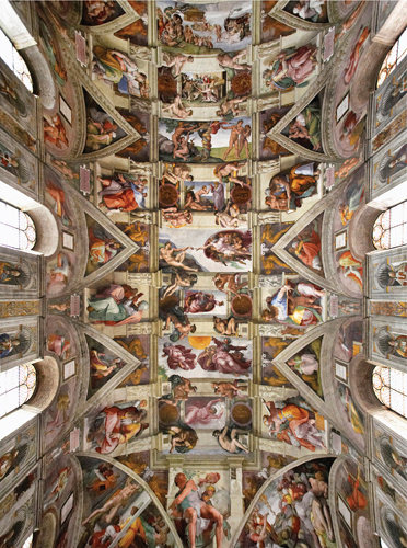 ​   What do the images of Michelangelo's Ceiling of the Sistine Chapel show? A) The teachings of the New Testament B) The life of Pope Julius II C) The origin of the universe D) Important saints associated with Rome and the Vatican