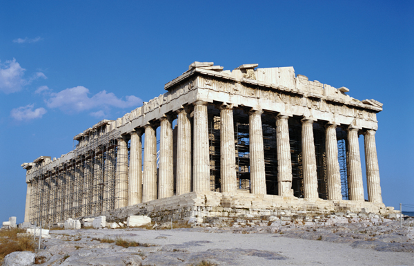 ​   As seen in the columns of the Parthenon , what is the slight swelling at the middle of a column, used to create a feeling of organic flexing, called? A) Entasis B) Entablature C) Frieze D) Oculus
