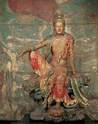 ​   Which aspect of later Buddhism does The Water and Moon Guanyin Bodhisattva reflect? A) Buddhism's gradual shift to honoring Bodhisattvas over the Buddha. B) Over time, variations in faith and practice developed so that some branches viewed Bodhisattvas as intercessors. C) The prevalence of the animistic beliefs honoring the water and moon spirits throughout the Central Asian plateau. D) The use of Guanyin as a symbol of the merging of Jainism and Buddhism.