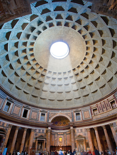 ​   Which key feature of the Pantheon alluded to divine perfection? A) Its specific location in the Roman cityscape B) Its later use as a place to house Christian relics C) The geometry associated with the dome and the oculus D) The selection of marble mosaics on the floor