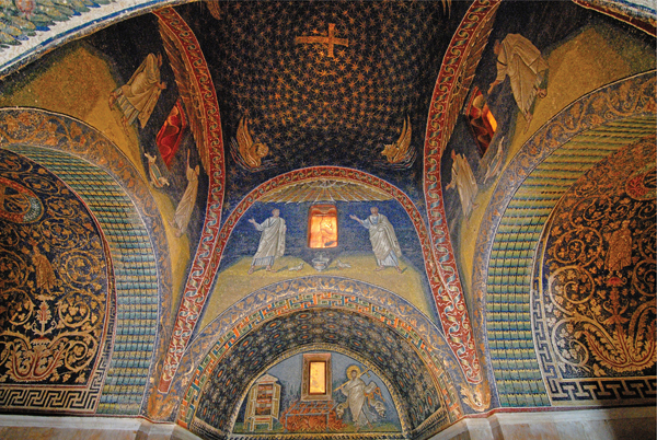 <strong> The Mausoleum of Galla Placidia is decorated with what medium on the interior?</strong> A)Fresco secco B)Mosaic C)Inlaid marble D)Terracotta