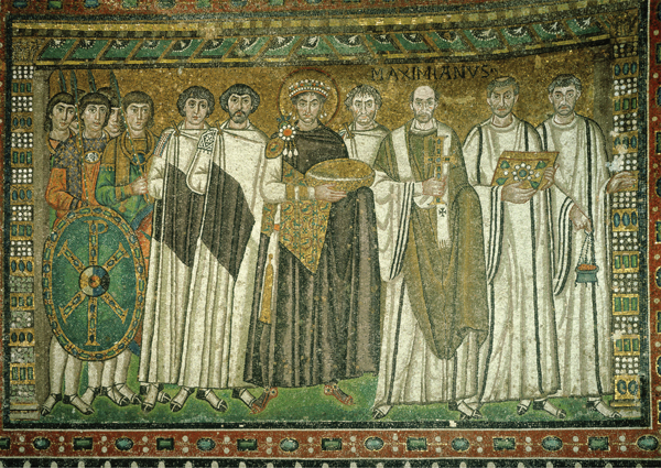 ​   How is Justinian shown in this image? A) As a deity B) As an emperor-priest C) As an absolute monarch D) As Saint Justinian