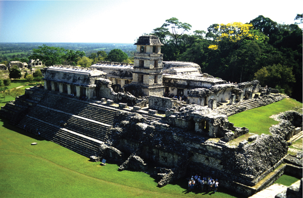 ​   Which society created the Palace at Palenque , a large complex with high platforms and relief sculpture? A) Aztecs B) Incas C) Mayans D) Olmecs