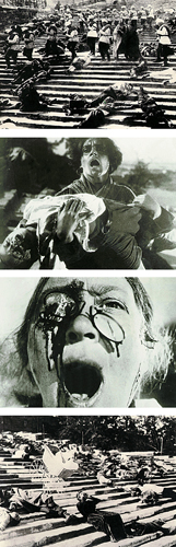 ​   Which cinematic technique in the film The Battleship Potemkin allowed viewers to piece together the story from fleeting images? A) Collage B) Frottage C) Montage D) Assemblage