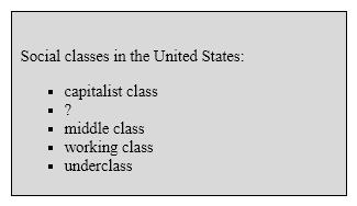 Directions: Apply the knowledge you have gained from Chapter 9 to select the best answer to the questions about the following reading passage. Class Societies <sup>1</sup>A social class is a segment of a population whose members share similar lifestyles and levels of wealth, power, and prestige. The United States is a good example of a class society. In some areas of the United States, such as coalmining towns in Appalachia, there may be only two classes: the haves and the have-nots. More often, however, social scientists have identified a number of social classes: capitalist (upper) , upper middle, middle, working, working poor, and underclass. <sup>2</sup>The capitalist class comprises approximately 1 percent of the population, consists of old wealth, corporate CEOs, and owners of lucrative businesses, whose income derives largely from returns on assets such as stocks, bonds, securities, and real estate. The ownership of the means of production by the capitalist class affords them the power over jobs for the rest of society. <sup>3</sup>The upper middle class, comprising about 14 percent of the U.S. population, is made up of business and professional people with high incomes and considerable amounts of overall wealth. This is the class that is most shaped by education. Nearly all members of the upper middle class are college educated, and many have postgraduate degrees. These people are professionals (such as doctors and lawyers) , own their own businesses, or manage the corporations owned by members of the capitalist class. <sup>4</sup>The middle class, constituting approximately 30 percent of the population, is made up of hardworking people of modest income, such as small entrepreneurs, teachers, nurses, civil servants, and lower-level managers. People in this class make a modest income, enjoy relative security (threatened occasionally by rising taxes and inflation) , and have the potential for upward social mobility. <sup>5</sup>Comprising approximately 30 percent of the population, members of the working class hold occupations that tend to be fairly routine, closely supervised, and usually require no more than a high school education (blue-collar and some white-collar jobs) . Included in this category are factory workers, sales clerks, construction workers, office workers, and appliance repairpersons. Because of their lack of higher education members of this group tend to have little social mobility. Vulnerable to downturns in the economy, working class people are subject to layoffs during recessions and justifiably feel threatened by our increasingly globalized economy, in which many jobs are going to workers abroad. <sup>6</sup>The underclass occupies the lowest sector of U.S. society. Some have suggested that the underclass actually represents the people who are beneath the class structure, a type of caste-like group that has little or no chance of ever making it to the first rung of the social ladder. The underclass are unemployed (or severely underemployed) , are homeless, and often suffer from substance abuse and in some cases mental illness. They are almost always confined to blighted urban areas plagued by violence, gangs, and drugs. -adapted from Ferraro, Cultural Anthropology: An Applied Perspective , pp. 326-327 Use the information in the reading passage to complete the list outline:   A) haves and have-nots B) upper middle class C) factory workers D) college educated