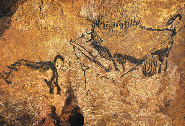 ​   This painting at Lascaux is exceptional as the earliest depiction of what figure? A)  A bird B)  A woolly rhinoceros C)  A bucranium D)  A male human