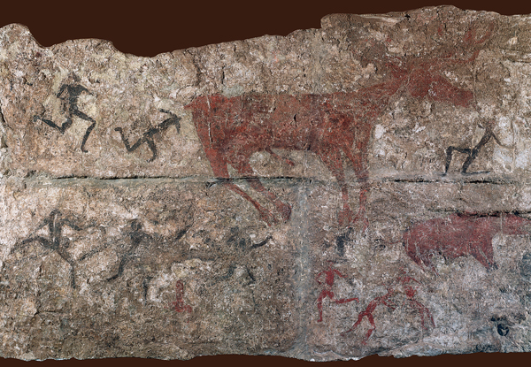 ​   What new feature appears in this mural painting from Çatal Höyük? A)  The human figure confronting an animal B)  The human figures drawn in profile C)  The human figure in a landscape D)  The human figure in a variety of poses and groupings