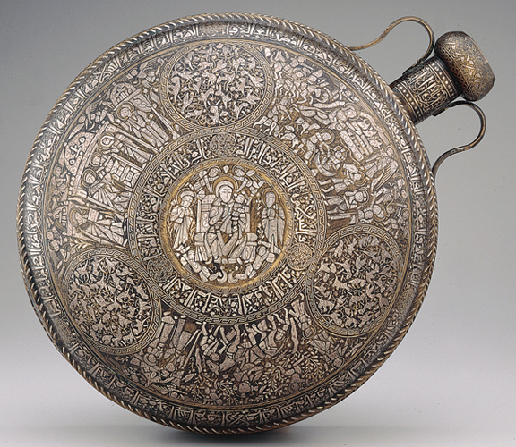​   In which order do the narrative scenes appear on this brass vessel? A)  Clockwise B)  Random order C)  Counterclockwise D)  Straight down from vessel mouth