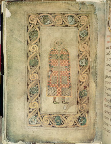 <strong> The figure representing the symbol of Matthew in the Book of Durrow shows frontal head, profile feet, and cloak and frame designs that recall contemporaneous cloisonné metalwork. Which of the following statements explains this work?</strong> A) It combines the abstraction of Late Roman adornment with early Christian pictorial imagery. B) It combines the abstraction of early medieval adornment with early Christian and Byzantine pictorial imagery. C) It combines the abstraction of early Christian adornment with Late Roman pictorial imagery. D) It combines the abstraction of Byzantine adornment with early Christian pictorial imagery.