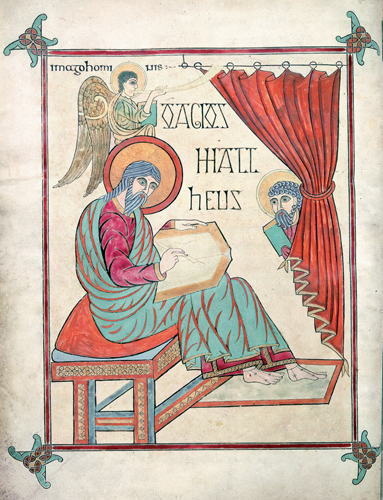 <strong> It has been theorized that the author-portrait of Saint Matthew from the Lindisfarne Gospels shows classical influences. What supports this statement?</strong> A) The figure is seated as an imperial emperor. B) The figure is seated as an adjudicating senator. C) The figure is seated as a philosopher or poet reading or writing. D) The figure is seated as an imperial judge.