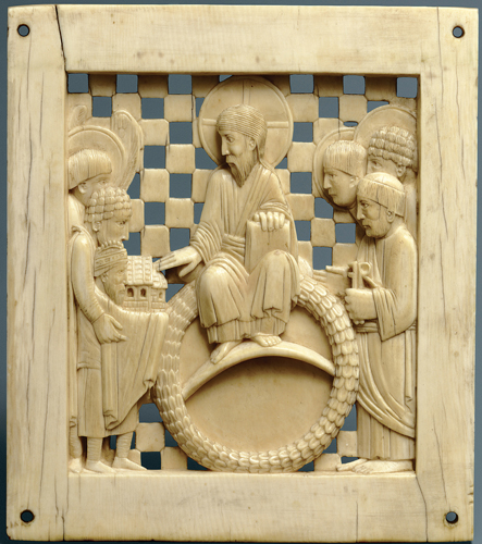 <strong> What are the technique and material of the Ottonian plaques from Magdeburg, Germany?</strong> A) Ink on parchment B) Carving on ivory C) Engraving on metal D) Tempera on vellum