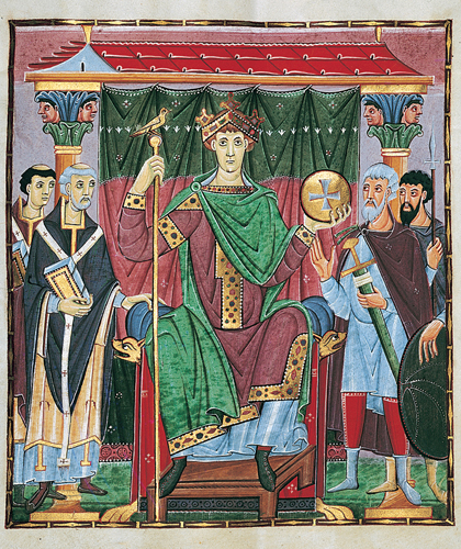 ​   In this image of Otto III enthroned, what component symbolizes his universal authority and conforms to a Christian imperial iconographic tradition? A)  Abstract interlace B)  Scepter and orb C)  Antique illusionism D)  Columns