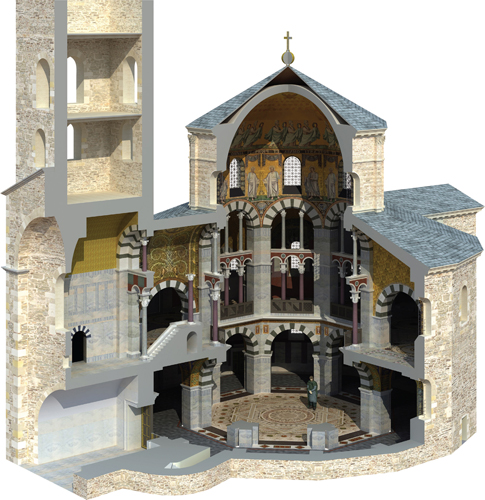 ​   What is the name of the building in this image, and where is it located? A)  San Vitale, Ravenna B)  Palatine Chapel, Aachen C)  Saint Pantaleon, Cologne D)  Saint Michael's, Hildesheim
