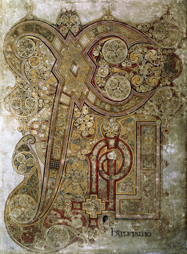 <strong> In this page from the Book of Kells, what Insular manuscript tradition is evident?</strong> A) The four Evangelists are depicted writing their Gospels. B) Luxurious prestige items symbolize the rewards of the Christian faith. C) Initial letters of a holy word are enlarged into intricate designs. D) Beowolf is shown battling horrific monsters.