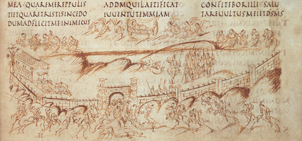 <strong> Which manuscript, shown here, is known for its pen-and-ink drawings that evoke the daily life of late antiquity?</strong> A) The Coronation Gospels B) The Utrecht Psalter C) The Ebbo Gospels D) The Book of Durrow