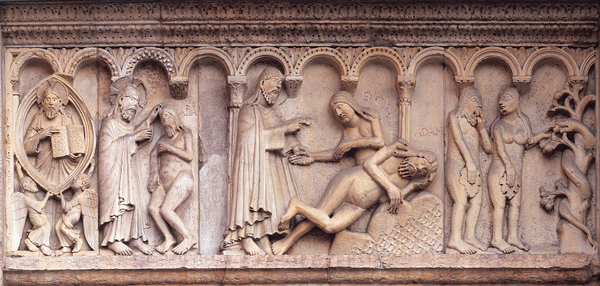 <strong> Who is the artist of this relief on Modena Cathedral?</strong> A) Rainer of Huy B) Gislebertus C) Wiligelmo D) Antelami