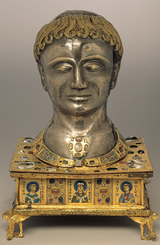 <strong> What is the name of the person represented here, on the Stavelot reliquary?</strong> A) John the Baptist B) Saint Alexander C) Saint Faith D) Bernard of Clairvaux