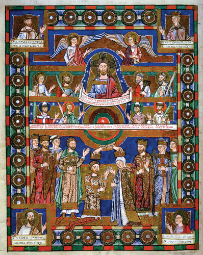 <strong> This page from the Gospels of Henry the Lion carries on the imperial tradition exemplified in which manuscript?</strong> A) Byzantine Vienna Genesis B) Timurid Bustan C) Ottonian Coronation Gospels D) Early Christian Vatican Vergil